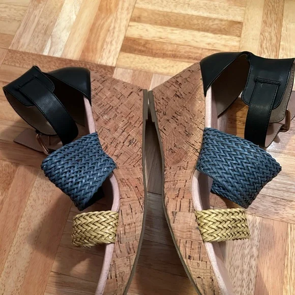 Women’s Aqua and yellow braided with black ankle strap enclosed cork 2 1/2 heel - Picture 7 of 12